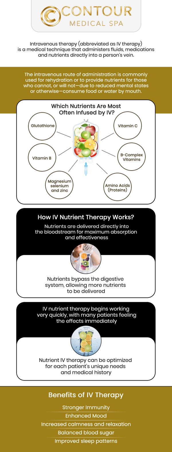 Commonly asked by clients: What is IV Therapy, and how does it support overall wellness? How does IV Therapy work during a treatment session? What are the potential benefits of IV Therapy treatments? Who may be a good candidate for IV Therapy? 

Contour Medical Spa offers customized IV Therapy services designed to support each client’s unique wellness goals in a comfortable and professional environment. The treatment approach focuses on personalized care, helping clients receive hydration and wellness support tailored to their individual needs. With a commitment to client satisfaction and a customized experience, Cecilia Scott RN, BSN, provides IV Therapy solutions that complement overall wellness and lifestyle goals. For more information, contact us today or request an appointment online. We are conveniently located at 18641 Devonshire Street Northridge, CA 91324.
