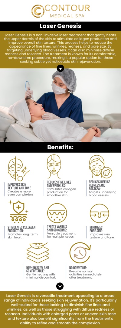 Laser Genesis is a non-invasive, non-ablative laser treatment that builds collagen and restores skin texture, and treats redness, rosacea, fine lines, wrinkles, scars, large pores and active acne. Visit Contour Medical Spa to learn the benefits of Laser Genesis. Contact us today for more information or request a consultation. We are conveniently located at 18641 Devonshire Street Northridge, CA 91324. Laser Genesis is a non-invasive, non-ablative laser treatment that builds collagen and restores skin texture, and treats redness, rosacea, fine lines, wrinkles, scars, large pores and active acne. Visit Contour Medical Spa to learn the benefits of Laser Genesis. Contact us today for more information or request a consultation. We are conveniently located at 18641 Devonshire Street Northridge, CA 91324.