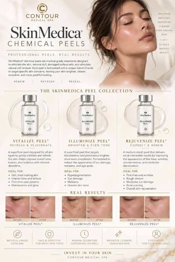 SkinMedica Chemical Peels are professional-grade skin rejuvenation treatments designed to exfoliate the skin, remove dull surface cells, and support a brighter, smoother, more refreshed complexion. The Vitalize Peel helps improve dull skin, uneven tone, and texture with minimal downtime, making it ideal for first-time peel patients and maintenance care. The Illuminize Peel targets discoloration, sun damage, melasma, and uneven skin tone to promote a more radiant appearance. The Rejuvenize Peel offers deeper exfoliation to improve the appearance of fine lines, wrinkles, rough texture, acne scarring, and moderate sun damage for overall skin renewal. For more information contact us today or request a consultation. We are conveniently located at 18641 Devonshire Street Northridge, CA 91324.